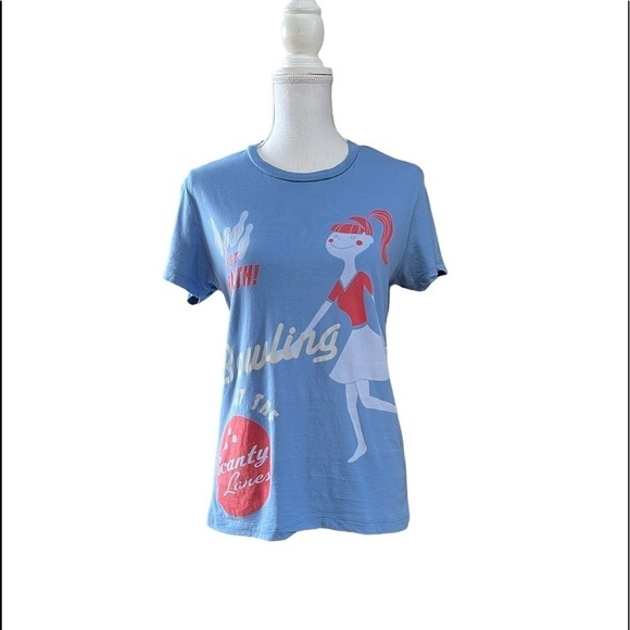 SCANTY WOMENS BLUE SHORT SLEEVE BOWLING GRAPHIC T-SHIRT SIZE MEDIUM - Picture 1 of 8